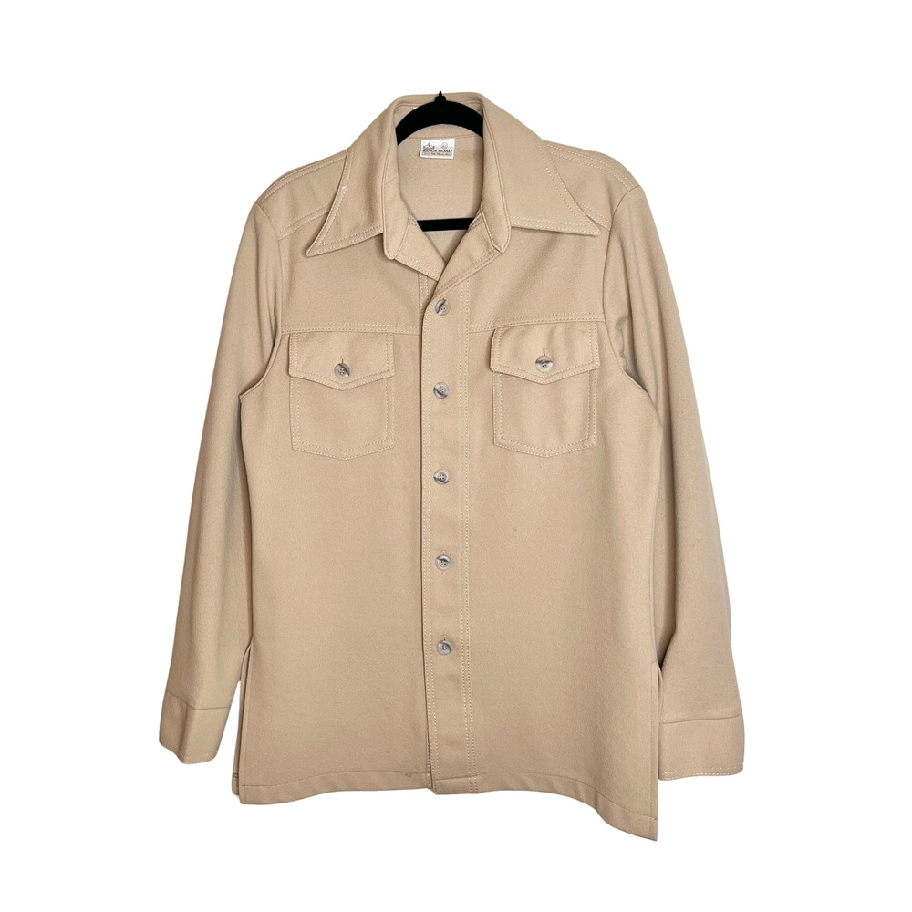Vtg 70s Sears Kings Road Leisure Shirt 42 Tan Pointed Collar Disco Rockabilly